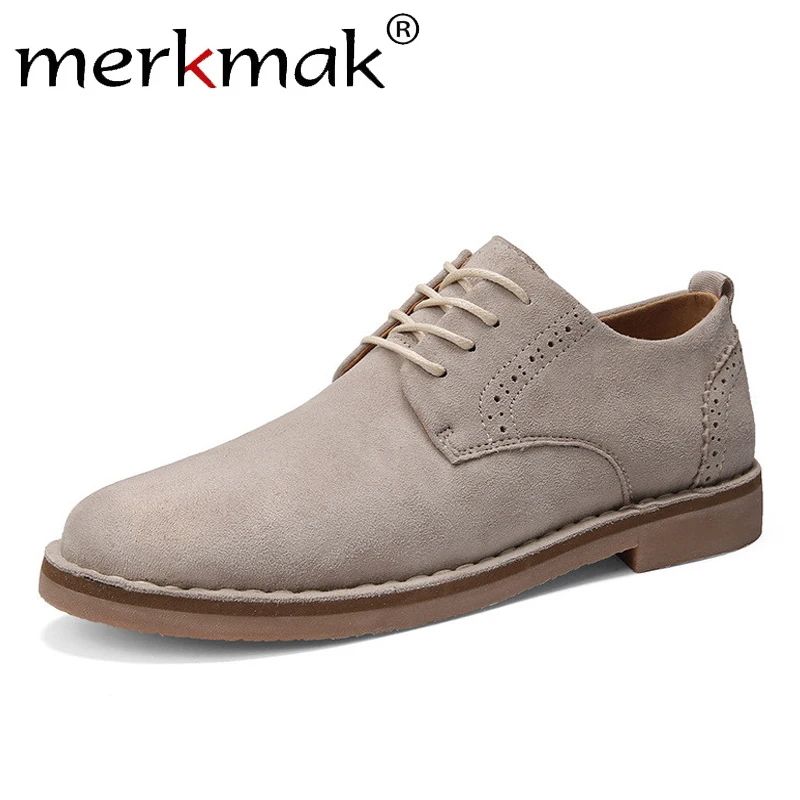 

Merkmak 2019 Autumn Suede Leather Shoes Retro Lace Up Casual Men's Dress Shoes Soft Comfortable Sewing Thread Man Footwear Flats