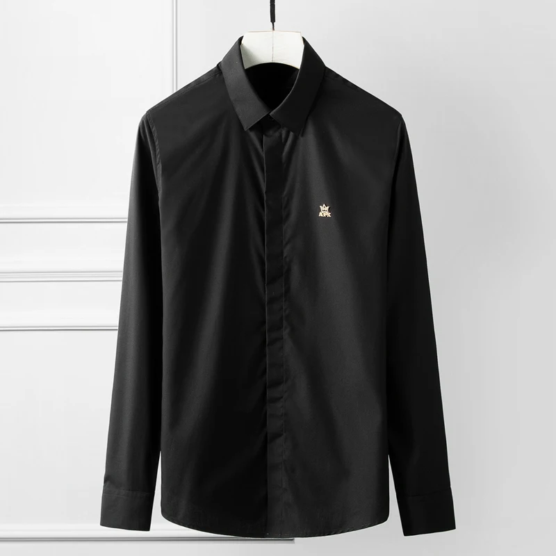 Черный Брендовая деловая Мужская рубашка высокого качества хлопок Slim fit с длинными рукавами рубашки мужская задняя голова Антилопы Вышивка Одежда Мужская - Цвет: Черный