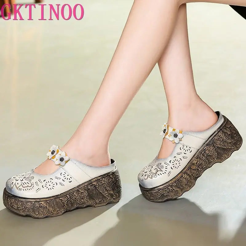 

GKTINOO Original Retro Sandals Summer Genuine Leather Shoes Handmade Slides Flip Flop Platform Clogs For Women Wedges Shoes