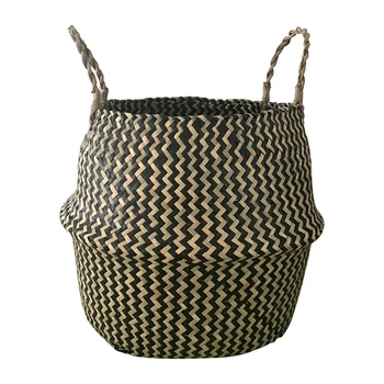

Portable Foldable Natural Seagrass Woven Storage Basket with Handle for Home Decorations Plant Pot Clothes Toys Picnics-Black