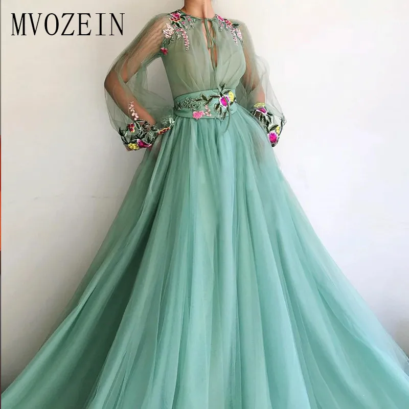 

MVOZEIN 2019 Green Evening Dress Tulle A-Line Jewel-Neck Full Sleeves 3D Flower Long Evening Dresses Formal Party Gowns vestidos