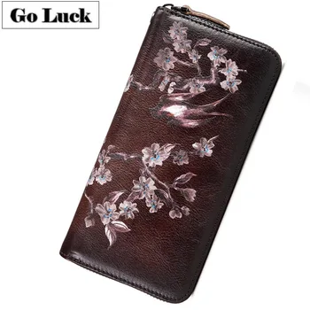 

GO-LUCK Brand Flower Paint Genuine Leatehr Wristlet Clutches Wallets Women's Cell Phone Pouch Card Case Zipper Bag Women Purse
