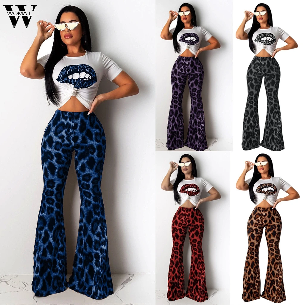 

Womail Tracksuit Women summer Leopard print fashion 2 Piece Set T-Shirt Crop Top+ Flare Leg Long Pant Suit Outfit Streetwear 101