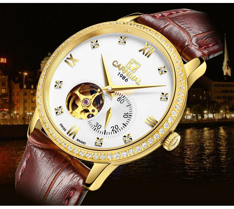 Карнавал tourbillon Автоматические Мужские механические часы модные водонепроницаемые полностью стальные Брендовые Часы MIYOTA движение кожаный ремень