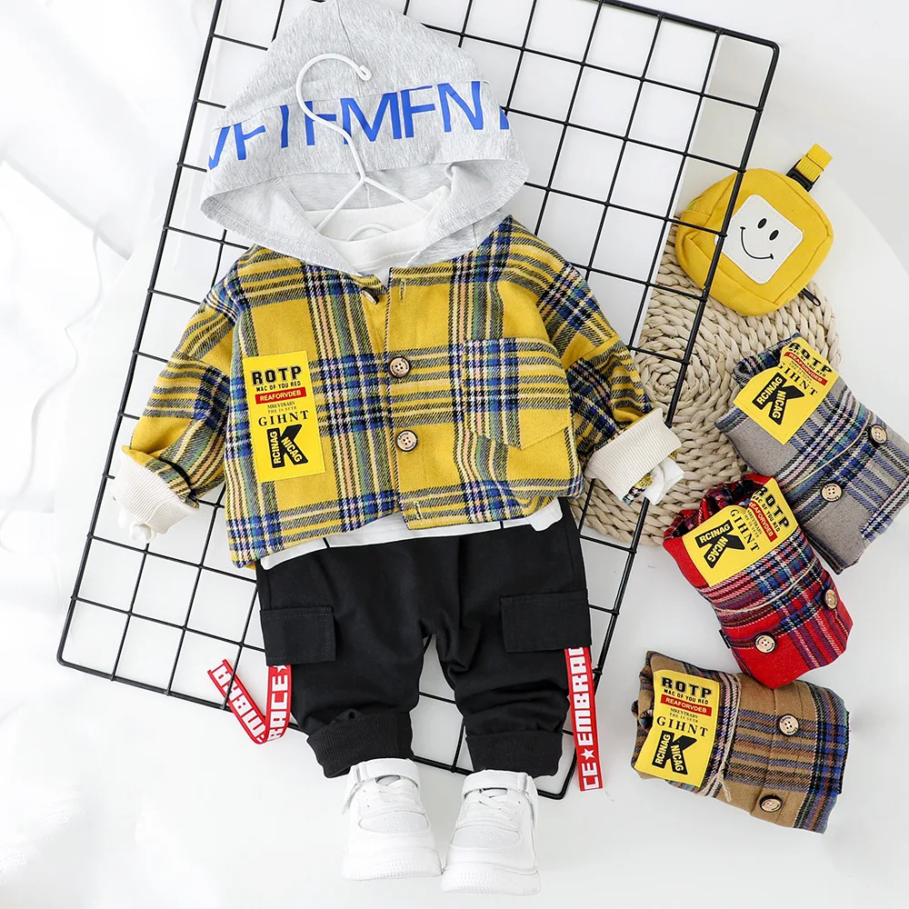 

Childrenswear BOY'S Spring New Style Children Korean-style Set Small CHILDREN'S Baby Plaid Coat Hooded Two-Piece Set Fashion
