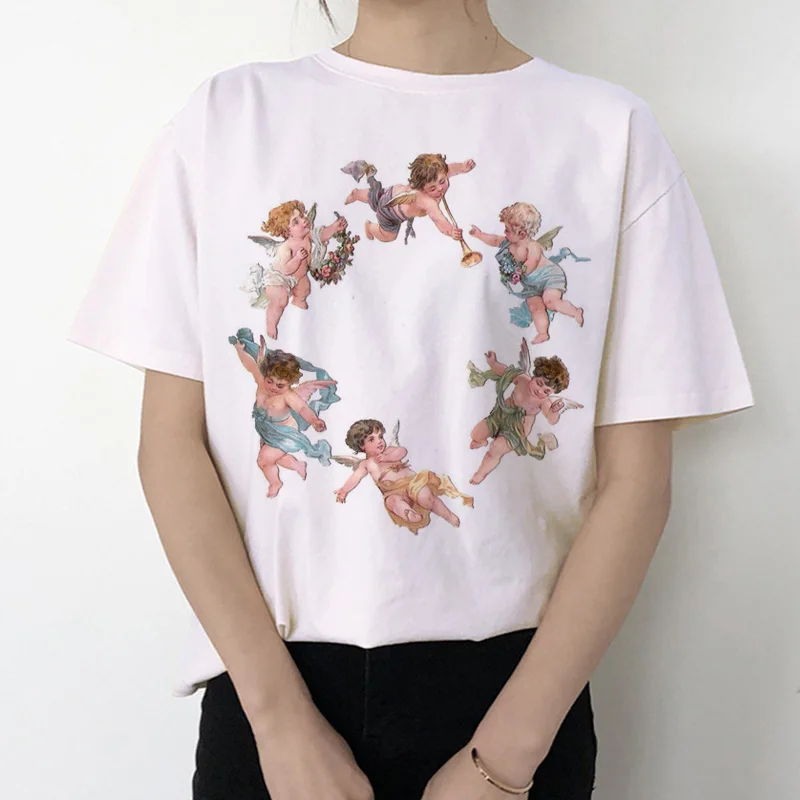 Футболка ангела Женская Kawaii печать 90s модная, с короткими рукавами женская забавная футболка винтажная мода футболка футболки с забавным принтом Ullzang