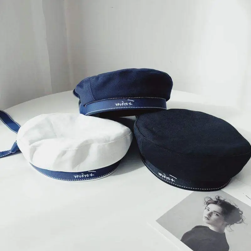 

French Style Women Girls Flat Beret Cap with Ribbon Bowknot Letters Embroidery Elegant Artist Painter Student Military Navy Hat