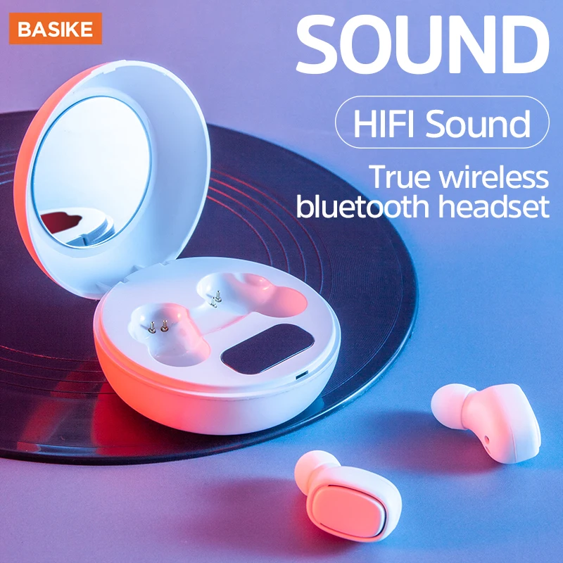 BASIKE TWS Wireless Bluetooth Earphone With Mic HIFI Sports Running Waterproof Headsets With Makeup Mirror Stereo Headphones