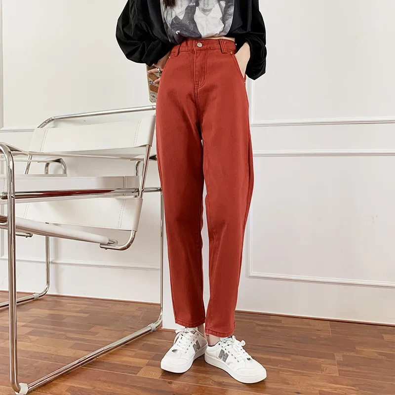 GUUZYUVIZ Red Jeans Woman Mom Loose Plus Size Autumn Winter Denim Pants Harem Chic Ladies Trousers High Waist | Женская одежда