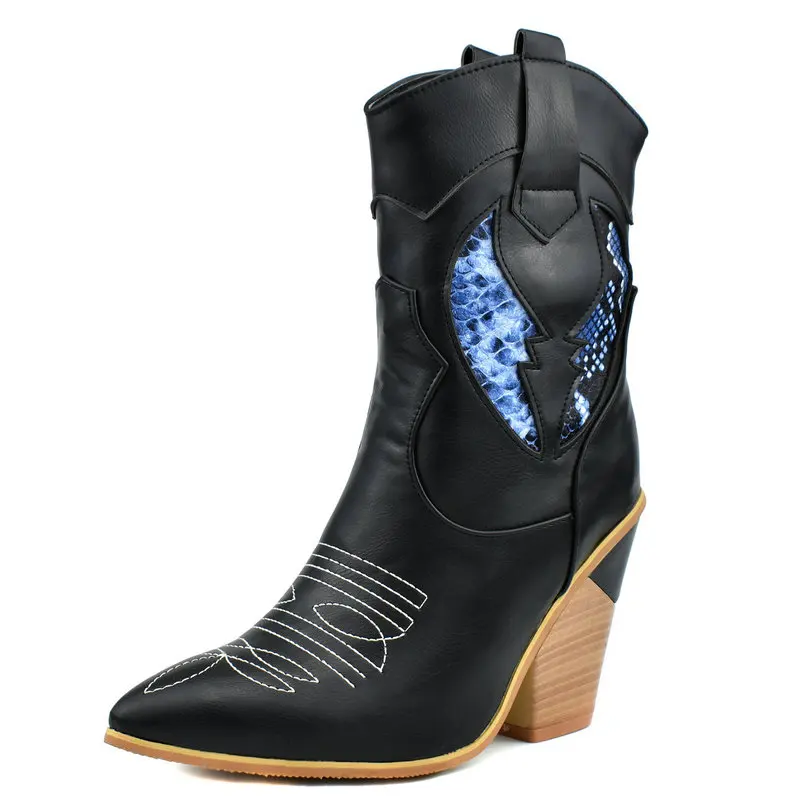 

Women Boots High Heel Ankle Boots Fashion Snake Print Wedges Mid Calf Boots Pointed Toe Autumn Winter Woman Shoes