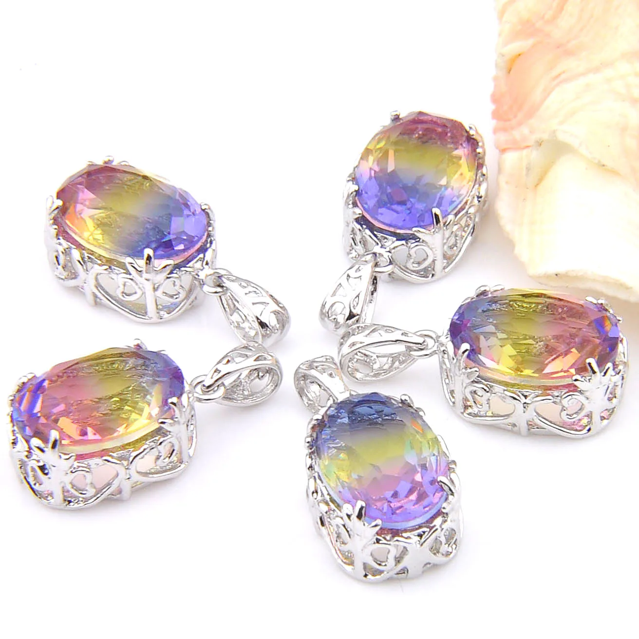 MIX 5 PCS Xmas Gifts Big Offer Oval Rainbow Bi-Colored Tourmaline Necklaces Pendants for Holiday Party Gifts