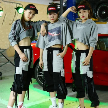 

Hip Hop Clothes Adult Jazz Dance Costume Cropped Hooded Gray Tops Women Street Wear Rave Stage Performance Ropa Hiphop Pant 3547