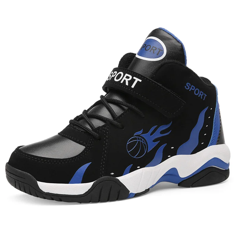 Casual Breathable Kids Basketball Shoes Leather Vamp Waterfroop Antislip Children Sneaker High Top Sports Shoes - Цвет: Black blue