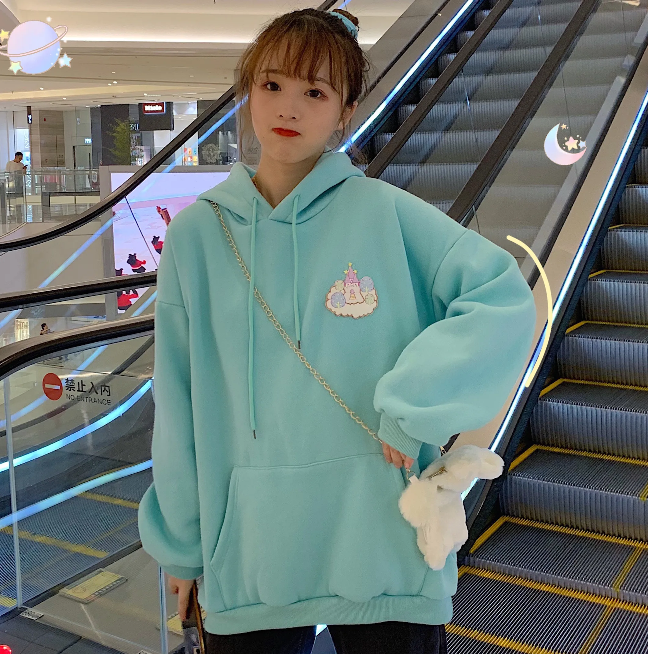 Осень Harajuku Kawaii толстовки Лолита милый замок шаблон печати пуловер плюс толстый бархат толстовка для женщин топы с длинными рукавами