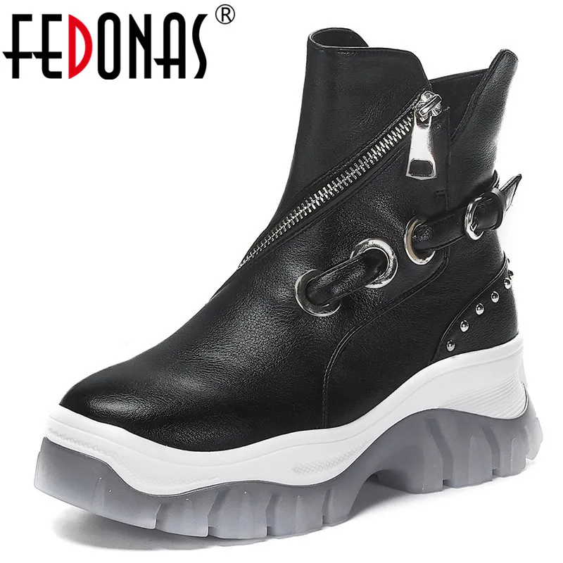 

FEDONAS Newest Design Women Zipper Ankle Boots Autumn Winter Warm Flats Platform Casual Shoes Woman Genuine Leather Short Boots