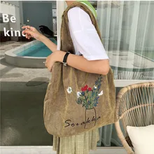 Женские холщовые хозяйственные сумки с вышивкой, Дамская Вельветовая сумка на плечо, Большая вместительная сумка из эко-хлопка