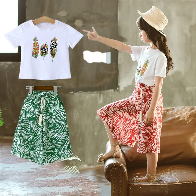 

Childrenswear 2019 Girls Summer New Style Set Children Printed Leaf Culottes Wide Leg Pants Both Sets of Fashion