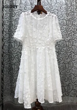 

Top Quality New 2020 Summer Dress Fashion Women Appliques Embroidery Flowers Deco Short Sleeve Big Swing White Party Tunic Dress