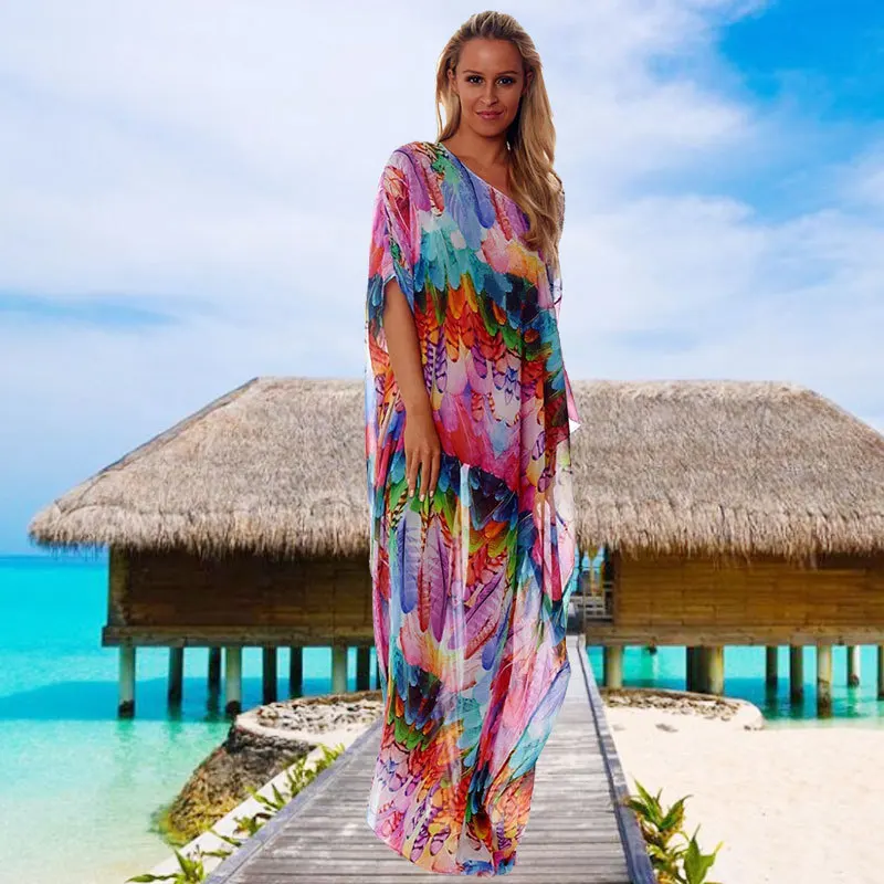 Beach Dresses Swimsuits Tunic Covered Woman Pareo And Swimsuit Chiffon Garment Skirt Color Feathers Loose Big Yards Female Smock