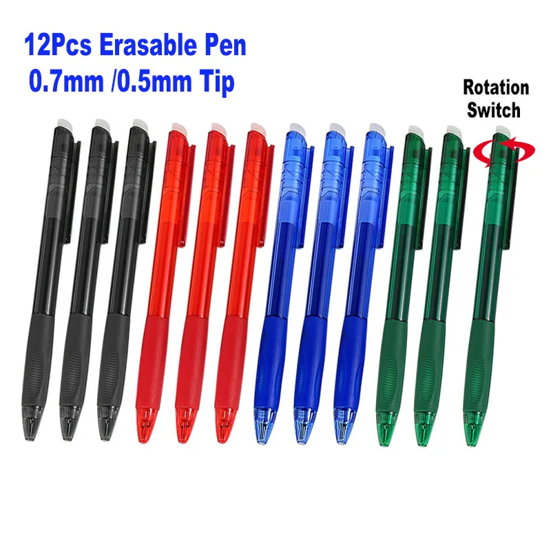 12Pcs Retractable Erasable Gel Pen 0.7mm 0.5mm Bullet Tip Rotation Switch Office Writing Handle Blue Black Ink Color Refill Set