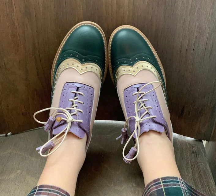 

Women Ankle Boots Spring2020 New Retro Brock Colorblock Lace Up Pumps Shoes Casual Woman Round Toe Low Heels Mujer Zapatos LP088