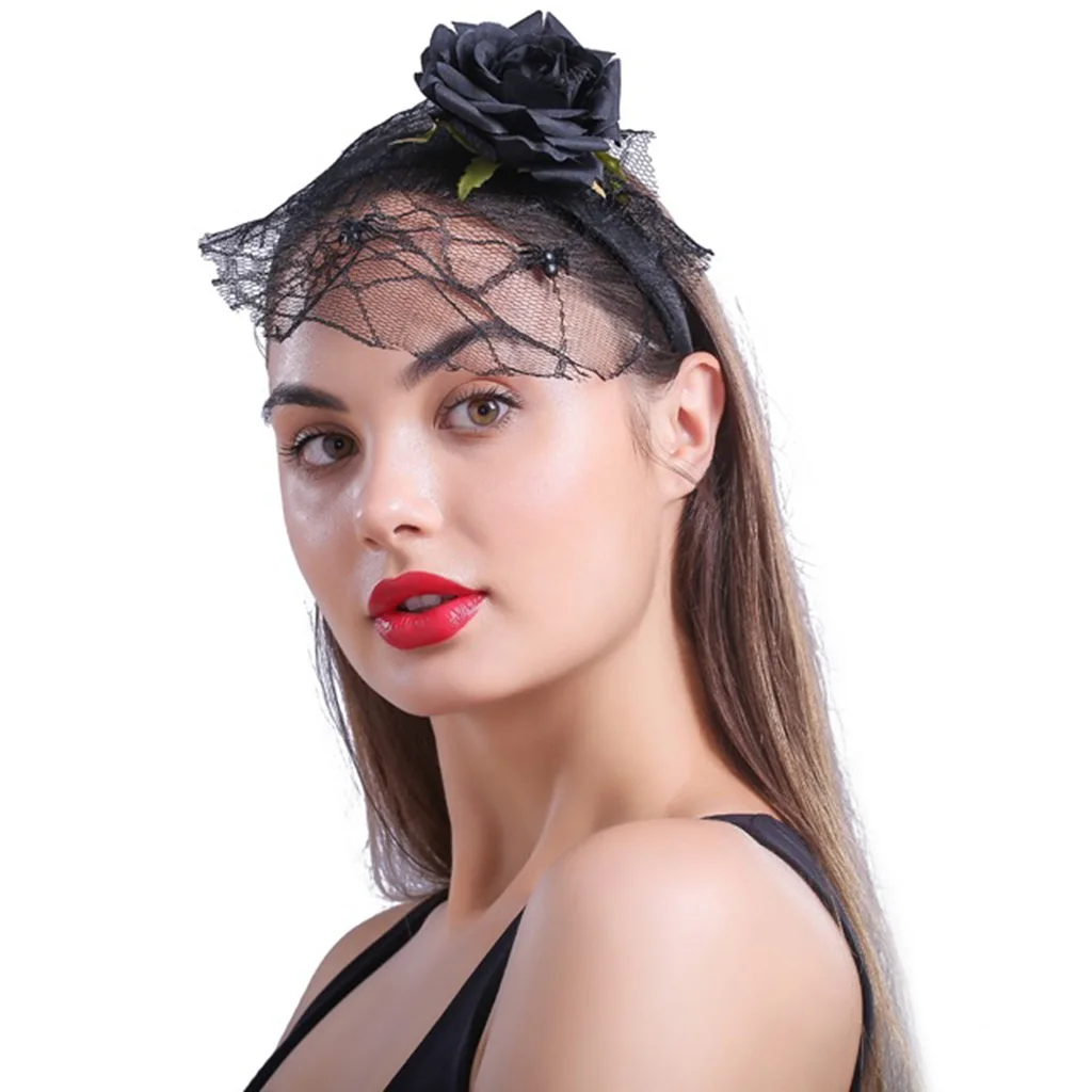 Halloween Black Flower Headband with Veil Headpiece Hair Band Hoop Mexican Fancy Dress Headpiece 