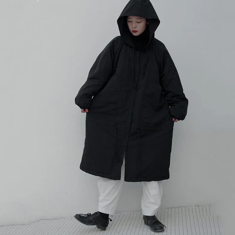 Черное пальто с капюшоном большого размера, с хлопковой подкладкой, с длинным рукавом, свободный крой, женские парки, модная новинка зимы 45