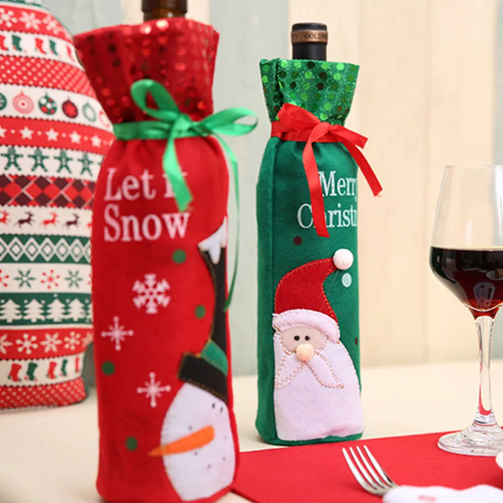 Christmas Sequins Wine Bottle Bag Xmas Santa Snowman Dinner Decor Cover Gifts