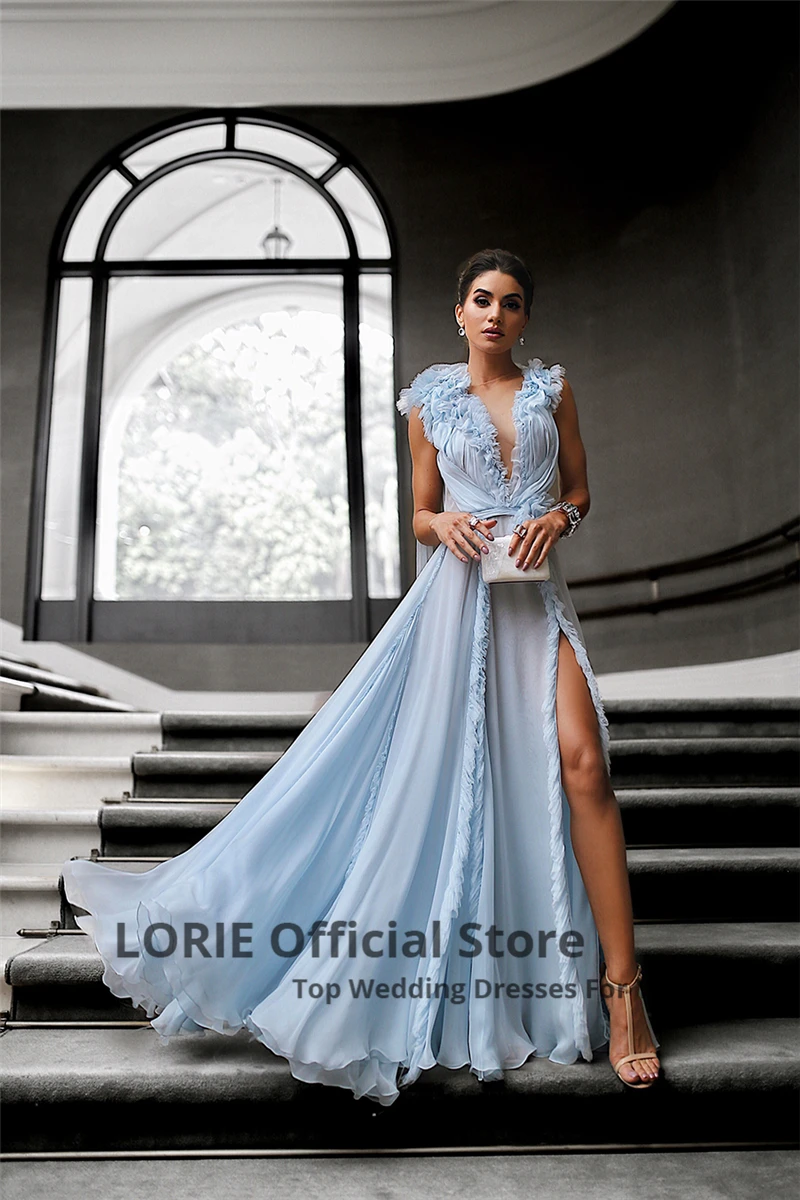 LORIE Sky Blue Evening Dresses Long 2021 Formal Party Gowns High Quality Organza Open Back Wedding Guest Dress Side Split LORIE Sky Blue Evening Dresses Long 2021 Formal Party Gowns High Quality Organza Open Back Wedding Guest Dress Side Split