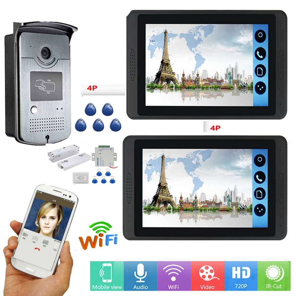Проводной Wi-Fi 7 дюймовый монитор видео-телефон двери видеопереговорное устройство ввода Системы+ ИК RFID Камера+ Android Ios APP пульт дистанционного управления