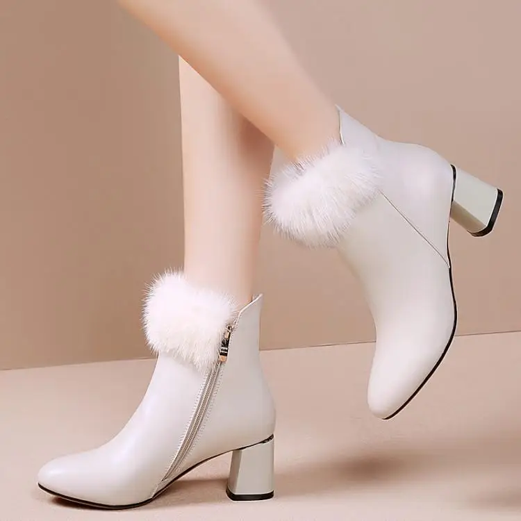 

Female leather round head with short boots in single boots fashion thick with maomao head layer cowhide boots