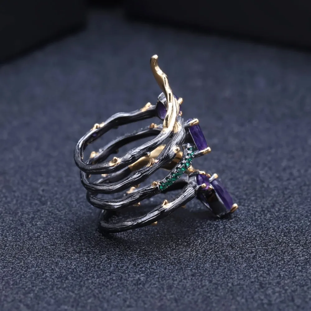 Балетные серьги с натуральным аметистом 3.19Ct, набор колец из 925 пробы серебра, винтажный Готический набор украшений для женщин, хорошее ювелирное изделие
