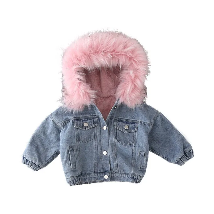 

2019 Winter Baby Girl Denim Jacket Plus Velvet Big Fur Warm Toddler Girl Outerwear Coat 1-5 Years Kids Infant Girl Parka