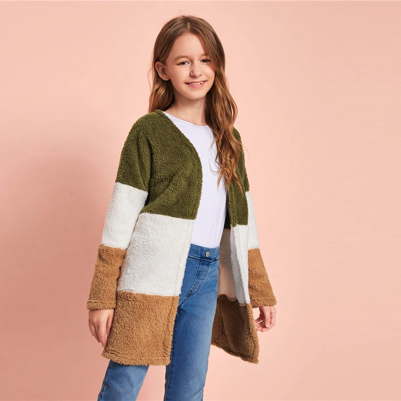 SHEIN/детское разноцветное повседневное плюшевое пальто с открытой передней частью для девочек; детская верхняя одежда; осеннее разноцветное детское базовое зимнее пальто с длинными рукавами