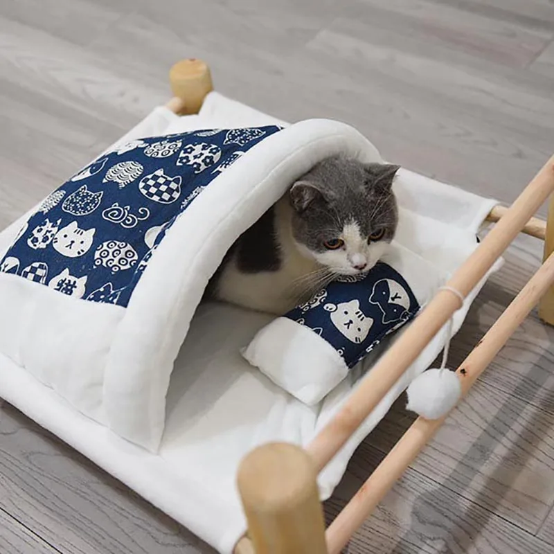 Elevated Pet Cat Bed Removable Sleeping Bag Hammock Beds for Lounger Wooden Cats House Winter Warm Pets Bed Small Dogs Sofa Mat