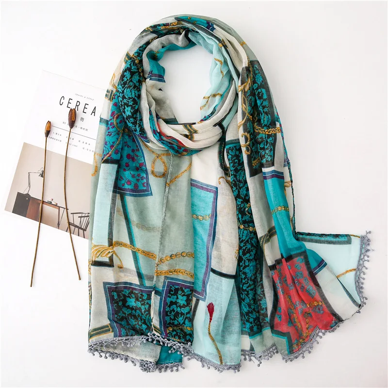 

Fashion Patchwork Plaid Pom Pom Chain Viscose Shawl Scarf Lady High Quality Print Wrap Pashmina Stole Bufanda Muslim Hijab Sjaal