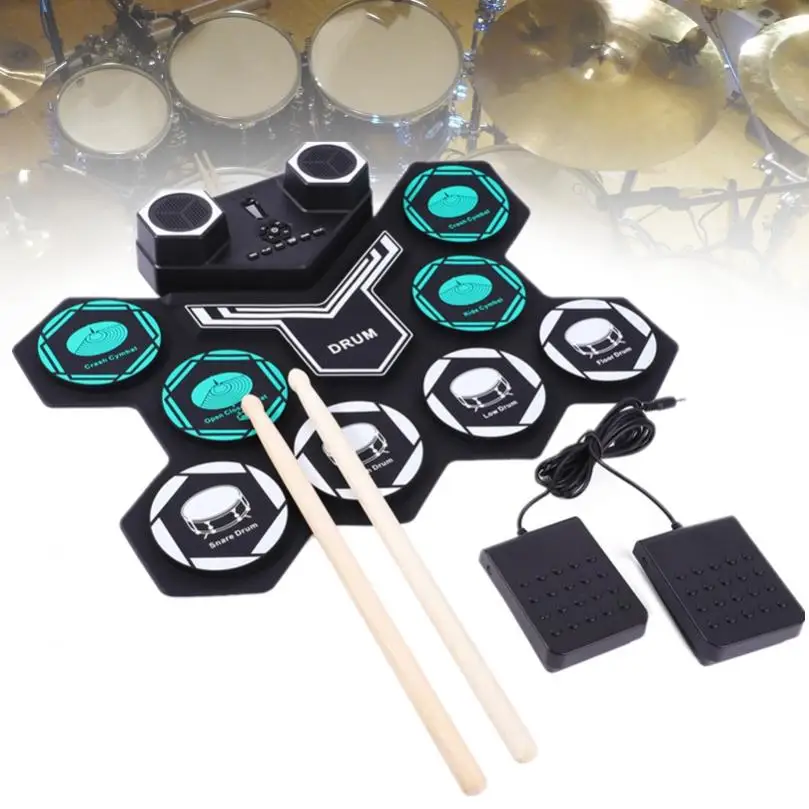 Portable Drum Pad Built-in Speakers Roll Up Electronic Drum Set 8 Silicon Pads MIDI Support Bluetooth-compatible with Built-in Lithium Battery