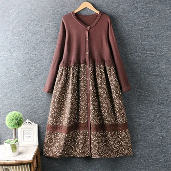 

Women's Knitted & Floral Cotton Linen Patchwork Vintage Long Dress