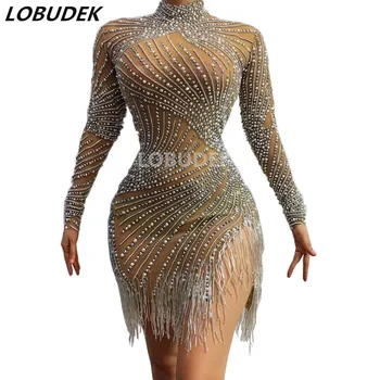 

Sexy Women Singer Dance Dress Silver Rhinestones Beads Fringes Transparent Dress Party Show Lance Dance Slit Dress Stage Costume