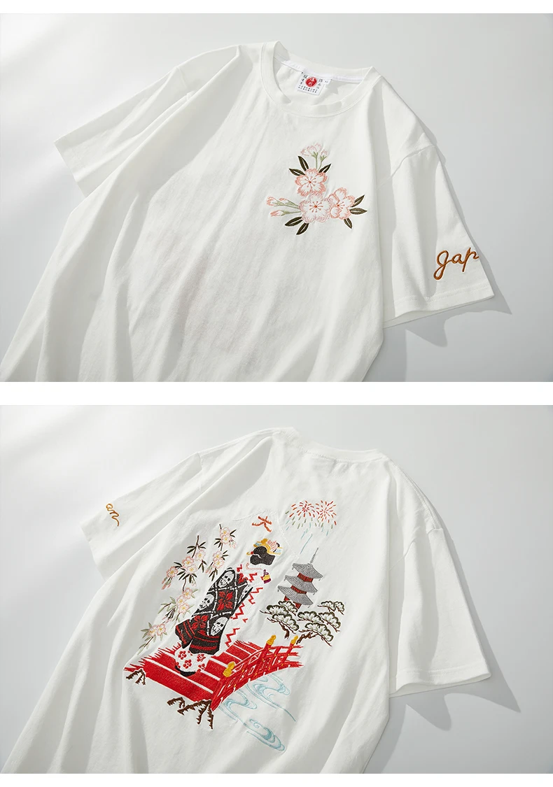 Japanese fashion brand embroidery skull flower queen cherry blossom Fuji short-sleeved T-shirt summer cotton bottoming shirt men • COLMADO