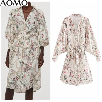 

AOMO 2020 fashion women flowers chiffon shirt dress bat long sleeve ladies oversized midi dress vestidos XN468A