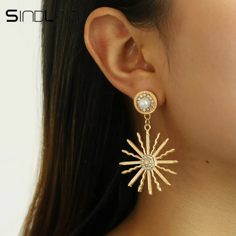 

Sindlan Korean Gold Crystal Sun Pearl Earrings for Women Lady Fashion Statement Earrings Big Drop Earrings Female Ear Jewelry