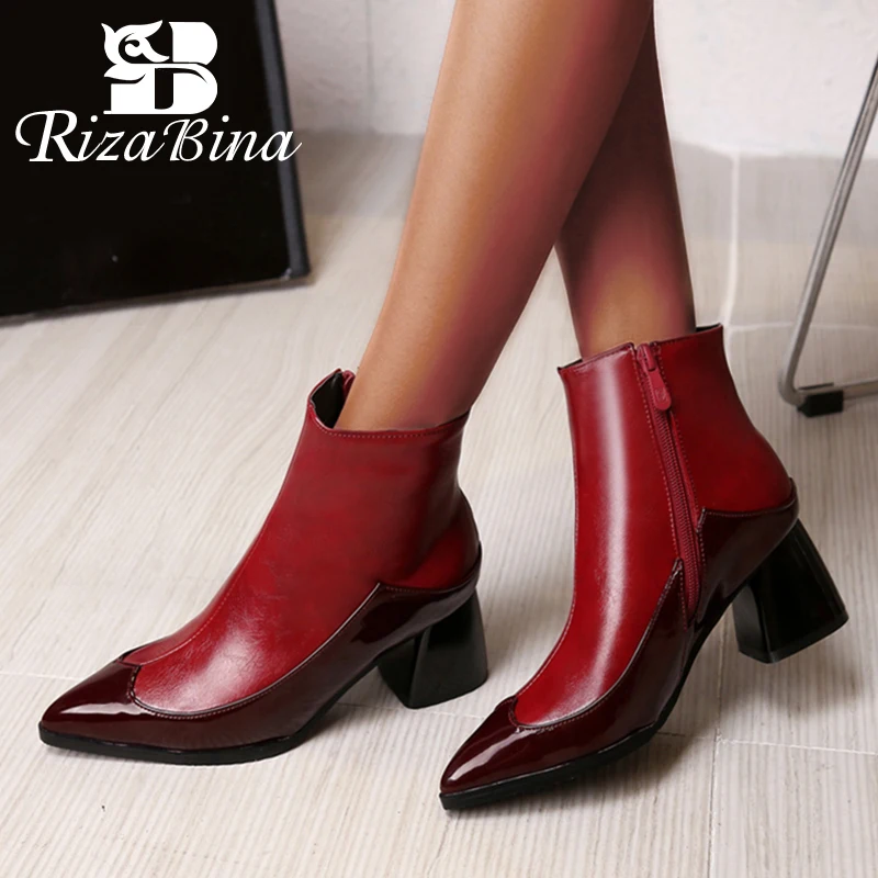 

RizaBina Sexy Pointed Toe Mixed Color Ankle Boots For Women Zipper Thick Heels Shoes Autumn Winter Woman Footwear Size 32-48