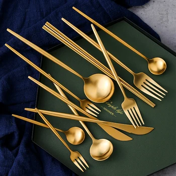 

5pcs Golden Tableware 304 Stainless Knife Spoon Fork Dinner Set Western Restaurant Cutlery Set Servies Dinnerware Set DA60CJ