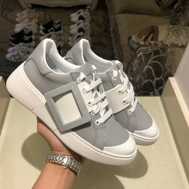 4 Euro Designer New Mixed Colors Square Buckle Womens Casual Leather Shoes Genuine Leather Round Toe Lace Up Increase Shoes - Цвет: 4