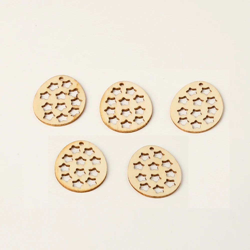 50PCS Different Patterns Easter Eggs Wooden Craft Hollow Eggs with Top Hole Wood Chip Tag for Home Decoration Handmade Wood Tag