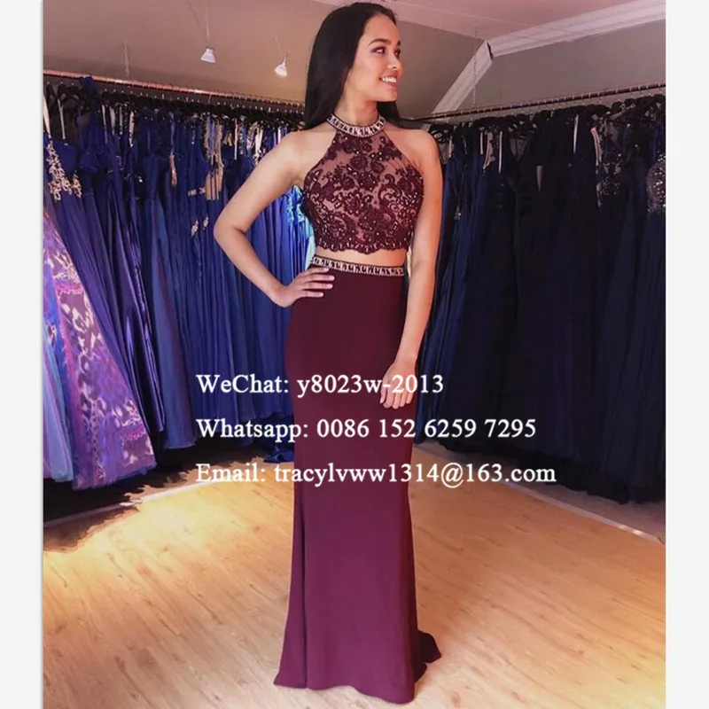 

Two Piece Mermaid Evening Dress Formal Lace Top Sheer Neck 2020 Long Prom Dresses Party For Women Robe De Soiree