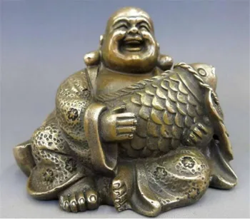 

YM Copper statue Collection Chinese Brass Carved Maitreya Buddha Happy Buddha Embracing Fish Coin Exquisite Small Statues