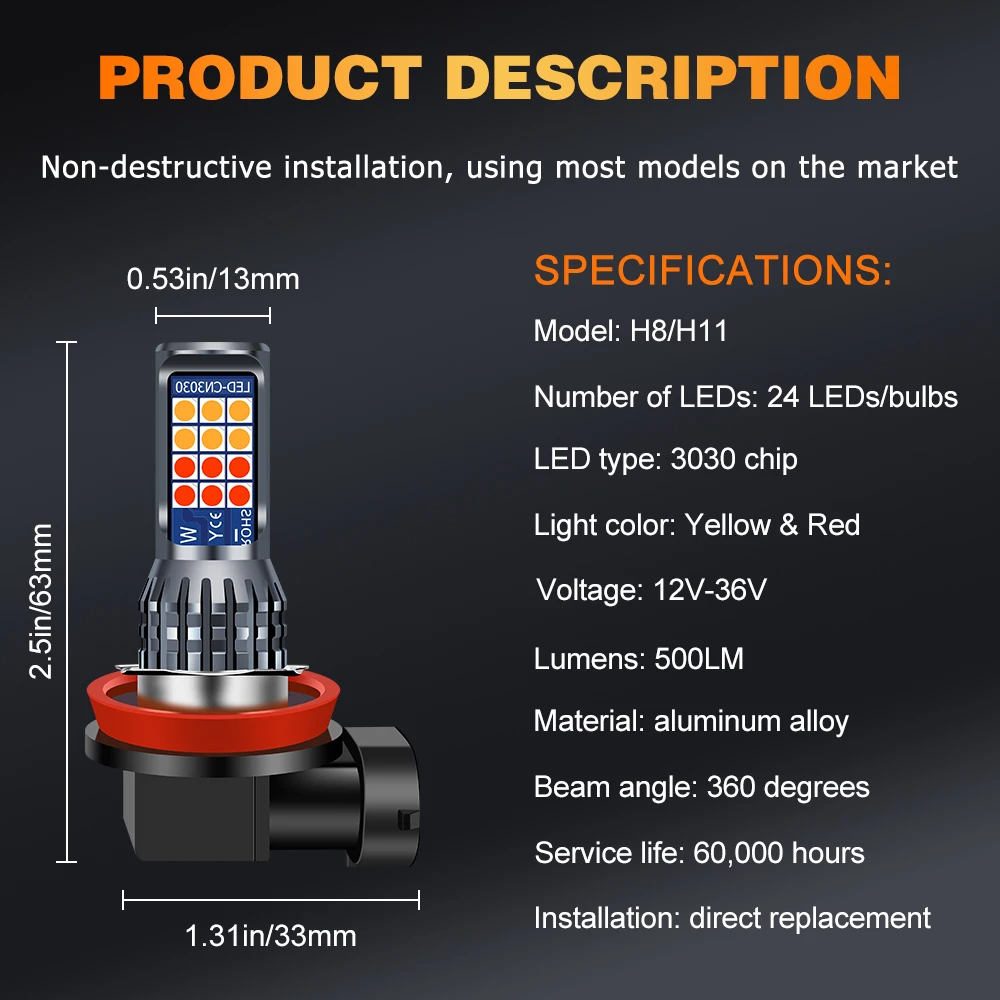Желтые и красные интегрированные светодиодные противотуманные фары s Car H8 H11 H9 Led