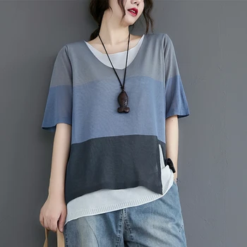 

Summer Patchwork T-Shirt Women Mixed Color Half Sleeve Blouse Casual Silk Linen Loose O-neck T Shirt Fashion Big Size Tops Woman